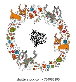 Happy New Year. Dogs: husky and corgi. Christmas cookies, hot drinks. Stars and snowflakes. Frame - wreath.