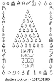 Happy new year doodle. New Year and Cristmas attributes doodle, manual rendering. Vector illustration. Useful as coloring, postcard, holiday greetings.