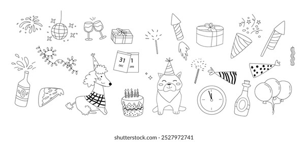 Happy New Year doodle event elements. Celebration design. Set of champagne, gift box, calendar, pizza, cake, dogs, confetti, firecracker, clock, glasses, party hats.