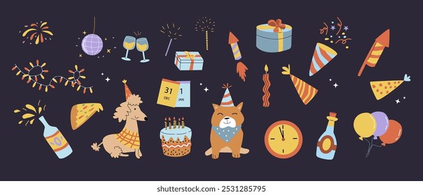 Happy New Year doodle event elements. Celebration design. Set of champagne, gift box, calendar, pizza, cake, dogs, confetti, firecracker, clock, glasses, party hats.