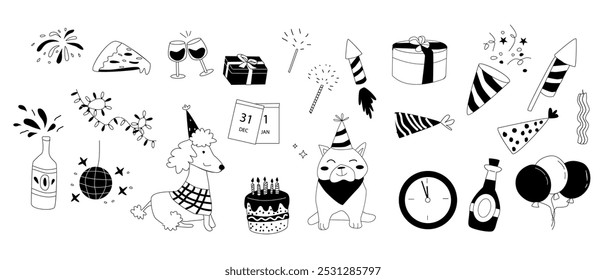 Happy New Year doodle event elements. Celebration design. Set of champagne, gift box, calendar, pizza, cake, dogs, confetti, firecracker, clock, glasses, party hats.