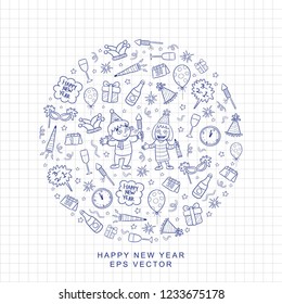 happy new year doodle set vector, cartoon illustration, poster or banner design