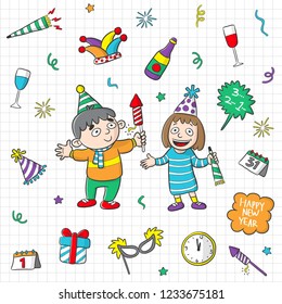 happy new year doodle set vector, cartoon illustration, poster or banner design