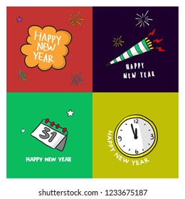 happy new year doodle set vector, cartoon illustration, poster or banner design