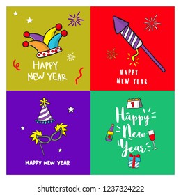 happy new year doodle set vector, greeting card, poster or banner design