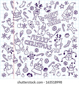 Happy new year doodle set school notebook. Vector illustration.