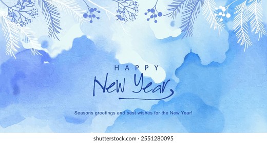 Happy New Year doodle style winter banner. Artistic watercolor background. Abstract Christmas background in blue tones