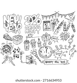Feliz año Nuevo, Vector doodle