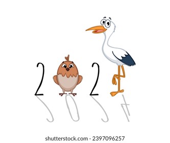 Happy new year drawing of funny cartoon birds for greeting card. Pf 2024 which make you smile.