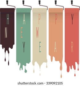 Happy new year. Dripping vector paint and brushes in pastel colors.