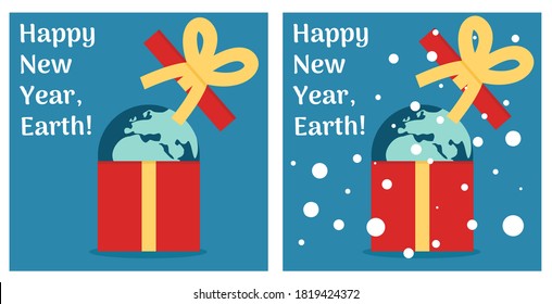 Happy new year, Earth. Christmas planet card in the gift box. Happy new year greeting card. Congratulations to the planet.