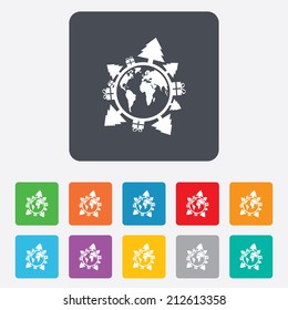 Happy new year earth sign icon. Gifts and trees symbol. Full rotation 360. Rounded squares 11 buttons. Vector