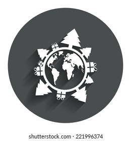 Happy new year earth sign icon. Gifts and trees symbol. Full rotation 360. Circle flat button with shadow. Modern UI website navigation. Vector