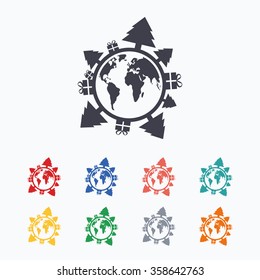 Happy new year earth sign icon. Gifts and trees symbol. Full rotation 360. Colored flat icons on white background.