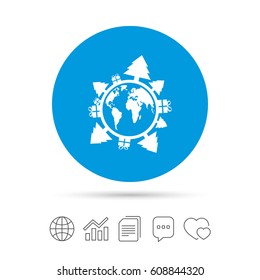 Happy new year earth sign icon. Gifts and trees symbol. Full rotation 360. Copy files, chat speech bubble and chart web icons. Vector