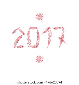 Happy New Year. East calendar. The inscription of feathers on a white background. Vector illustration, isolated.