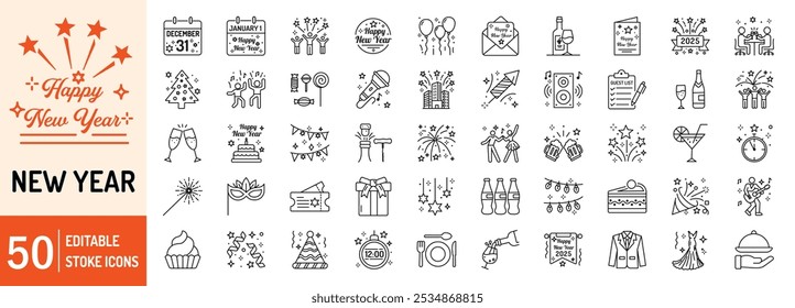 Happy New Year editable stroke outline web icons set. New year, celebration, wishes, music, dance, party, countdown and fireworks. Vector illustration