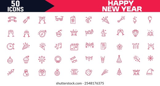 Happy New Year Editable Stroke Outline Icons Set Celebration, Wishes, Music, Dance Icons - Vector Illustration for Web Graphic Design.