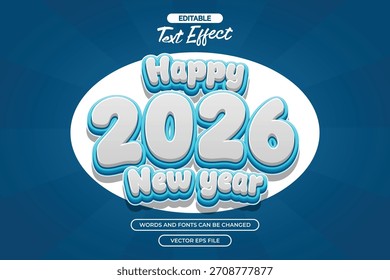 Efecto de texto editable de feliz año nuevo con estilo de texto de dibujos animados azul 3d