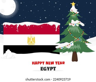 Happy new year in Egypt with Christmas tree and snow, banner or content design idea, Egypt flag with pine tree, new year celebration idea, sky with full moon and stars, vector design