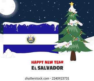 Happy new year in El Salvador with Christmas tree and snow, banner or content design idea, El Salvador flag with pine tree, new year celebration idea, sky with full moon and stars, vector design