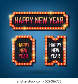 Happy new year. Electric bulbs billboard. Retro light frames. Vector illustration