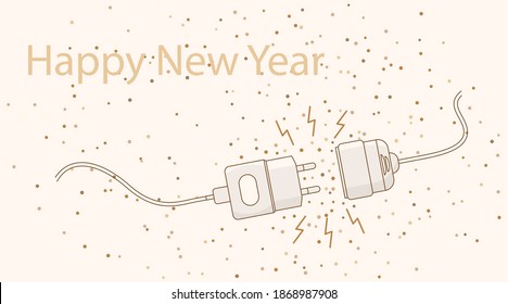 Feliz año nuevo. enchufe eléctrico. Ilustración del contorno plano vectorial. Concepto de enchufe de fondo y enchufe desenchufado con rayo y destellos de explosión tinsel confetti. Plantilla de Navidad para el sitio web