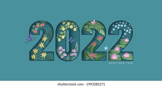 Happy New Year elegant background. Paper cut 2022 numeral  with flowers, butterflies, bird on a green backdrop