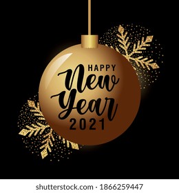 happy new year elegant card with christmas ball and snowflakes over dark background