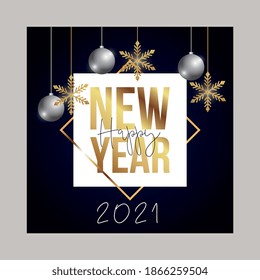 happy new year elegant card with silver christmas balls and snowflakes over dark background