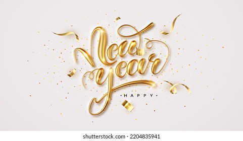 Happy New Year. Elegant congratulation with 3D realistic gold metal lettering.