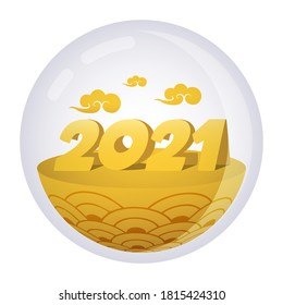 Happy New Year elegant design of 2021 logo numbers. Gold color theme in the see through orb.
