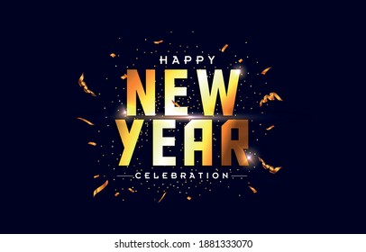 Happy New Year, elegant gold text with light and confetti burst on dark blue background. New Year celebration vector image.