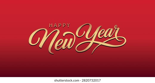Happy New Year elegant gold cursive lettering on red background