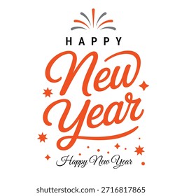 Diseño elegante de la tipografía de la letra de la mano del año nuevo feliz con las estrellas decorativas y estilo moderno del guión en color naranja y blanco para la tarjeta de felicitación, el cartel, el Anuncio y el uso de la impresión