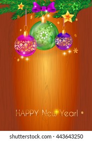 Happy new year. Elegant toys Christmas balls on wooden background.Template cards, greetings, invitations, and advertising appeal.