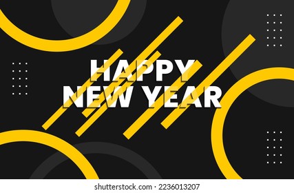 Happy new year Elegant yellow text with abstract circle ornament. Minimalistic text template.