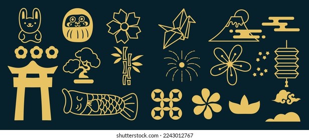 Feliz año nuevo conjunto de vectores japoneses. Conejo de doodle dibujado a mano dorada, bonsai, fuji, flores, bambú, nubes, patrón japonés, pez koi sobre fondo oscuro. Diseño para pegatinas, sellos, tarjetas.