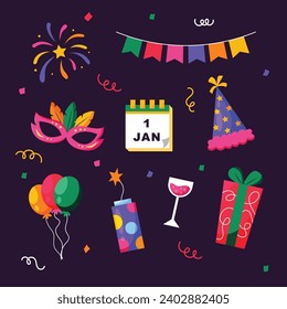 Happy New Year Elements Vector Illustration Confetti, Fireworks, decorative hanging flags, Date 1 January, Gift Box Party Asset