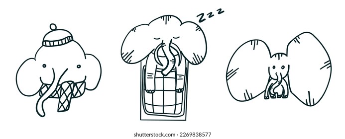 Happy New Year. Elephants in sweet winter hat. Vector illustrations in outline doodle flat style isolated on white background.