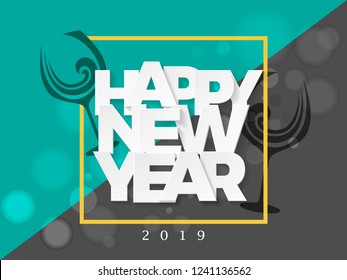 Happy New Year Eve 2019 Beautiful White Lettering Vector Background with Wine Bottle and Glass 