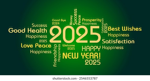 Happy New Year Eve 2025 with best wishes on green background. 2025 best wishes decoration - new year 2025 celebration green background