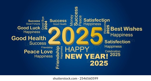 Happy New Year Eve 2025 with best wishes on blue background. 2025 best wishes decoration - new year 2025 celebration blue postcard