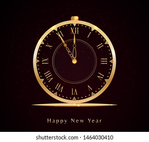 Happy New Year eve design with golden vintage clock and text isolated on black background with glitter light. Holiday web banner, poster, greeting card or invitation, end of year template