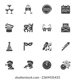 Happy new year event vector icons set, modern solid symbol collection, filled style pictogram pack. Signs, logo illustration. Set includes icons as new year festival celebration, champagne, fireworks