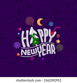 Happy New Year with Evergreen Trees Pattern Background Vector Ilustration