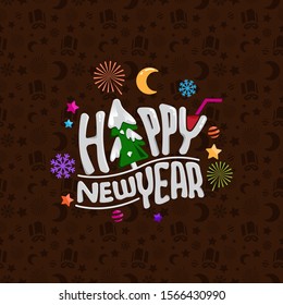 Happy New Year with Evergreen Trees Pattern Background Vector Ilustration