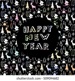 Happy New Year! Expressive modern creative greeting card with hand drawn elements. Happy New Year seamless pattern. Cute winter holidays repeat background. Happy New Year hand lettering. Vector