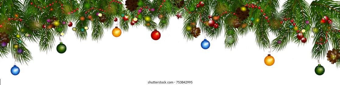 Happy new year. Extra wide Christmas border with fir branches, red and silver baubles, pine cones and other ornaments, isolated on white