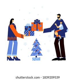 Happy New Year. Family celebrate together a New Year and gift each other a beautiful blue and orange presents near the Christmas tree. Give a gift. Gift Time.